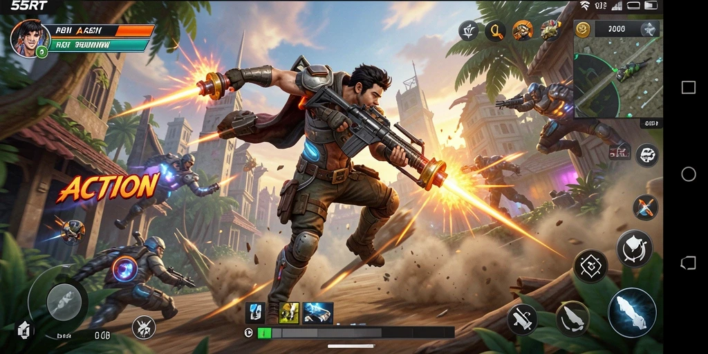 Tampilan antarmuka 55RT menampilkan action gameplay yang mendebarkan.