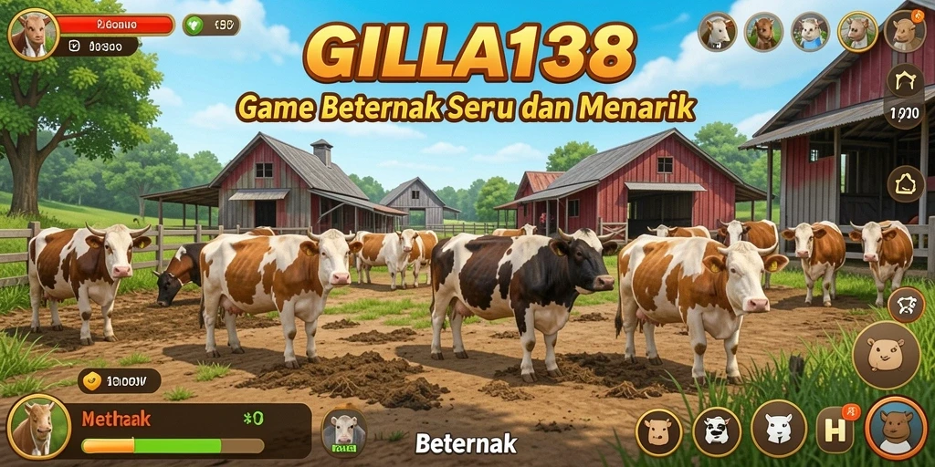 Antarmuka GILA138 menampilkan lahan pertanian yang subur dan hewan ternak yang ceria.